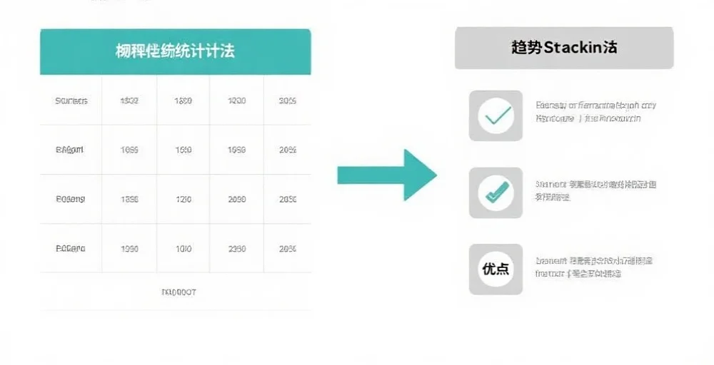 一张对比表，左侧为概率统计法，右侧为趋势跟踪法，中间用箭头标示优缺点对比，整体风格简洁明了